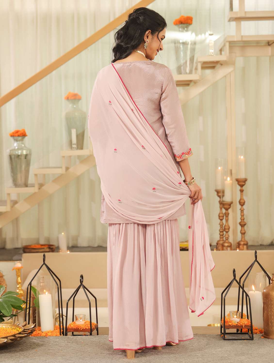 women solid with work three quarter sleeve kurta sharara with dupatta set - 22072105 - Standard Image - 3