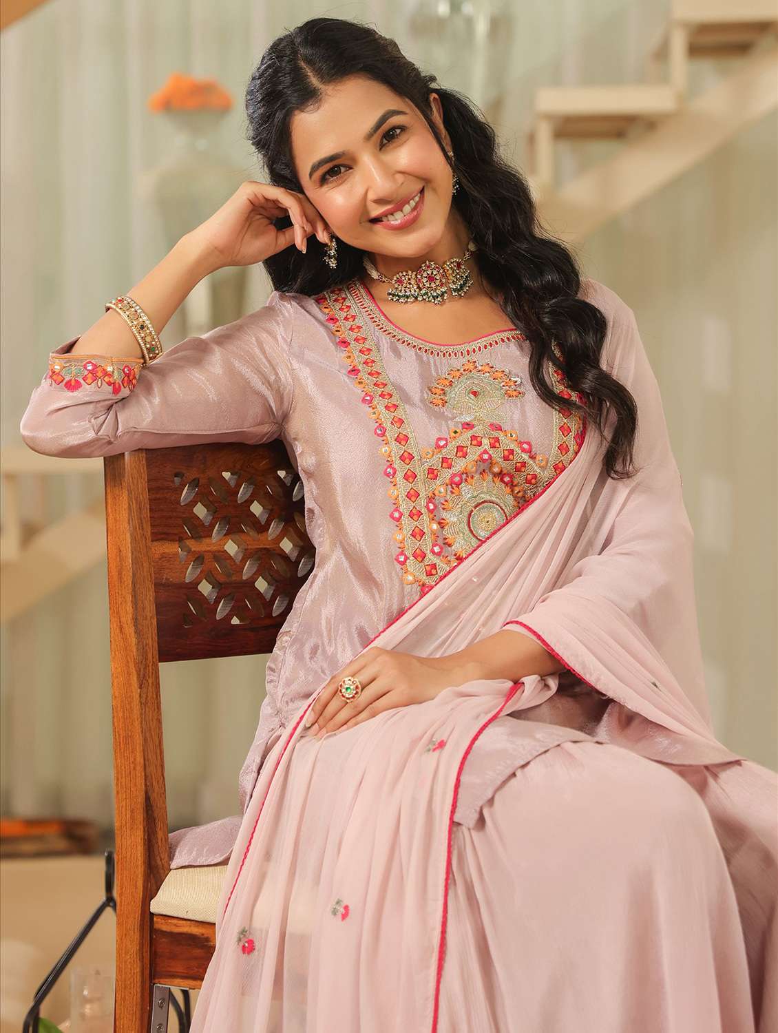 women solid with work three quarter sleeve kurta sharara with dupatta set - 22072105 - Standard Image - 5