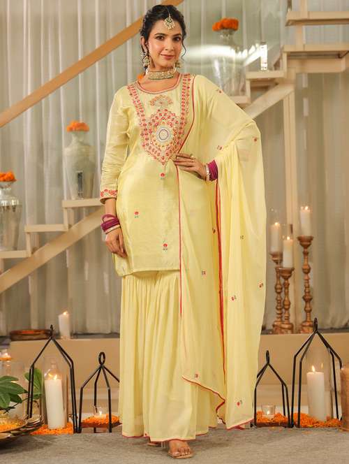 women solid with work three quarter sleeve kurta sharara with dupatta set - 22072106 -  Standard Image - 0