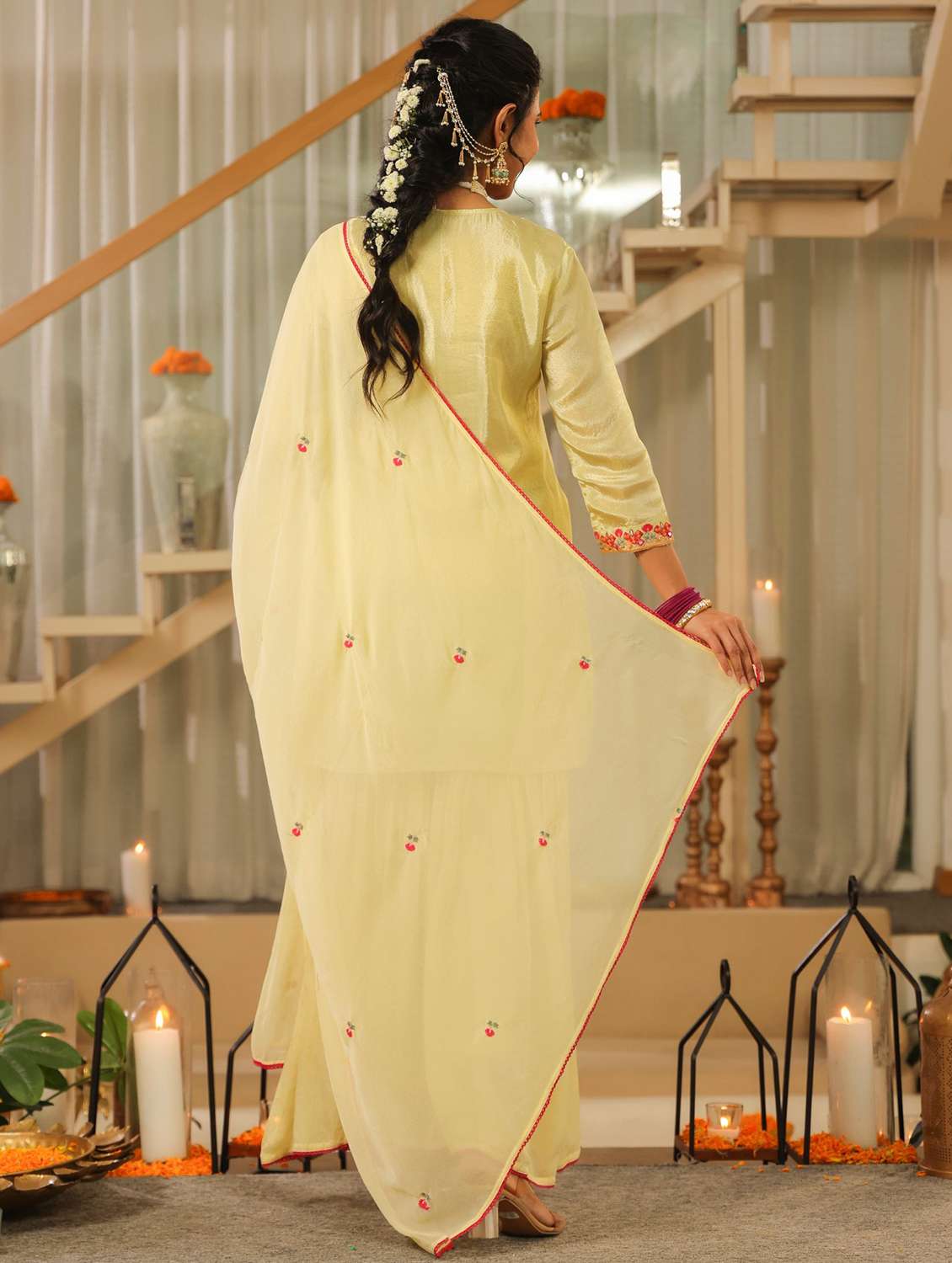 women solid with work three quarter sleeve kurta sharara with dupatta set - 22072106 -  Standard Image - 3