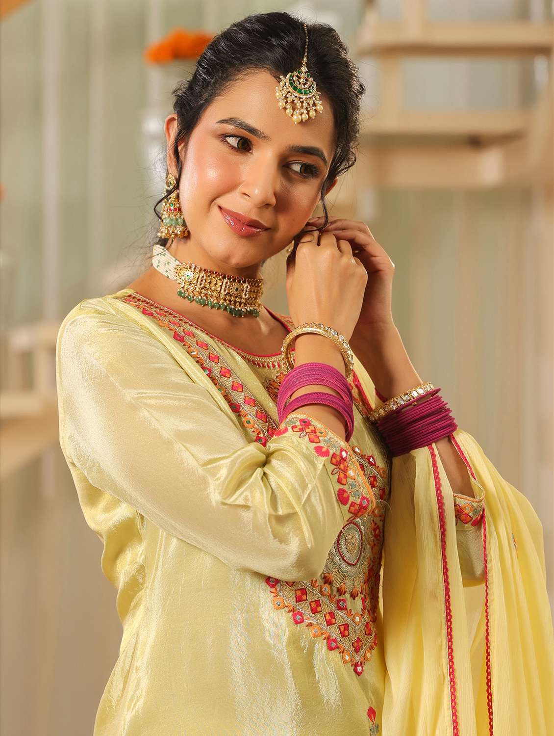 women solid with work three quarter sleeve kurta sharara with dupatta set - 22072106 -  Standard Image - 5