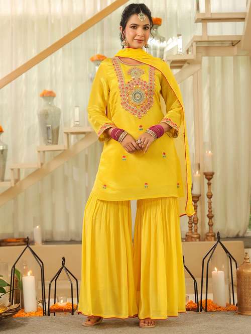 women solid with work three quarter sleeve kurta sharara with dupatta set - 22072107 -  Standard Image - 0