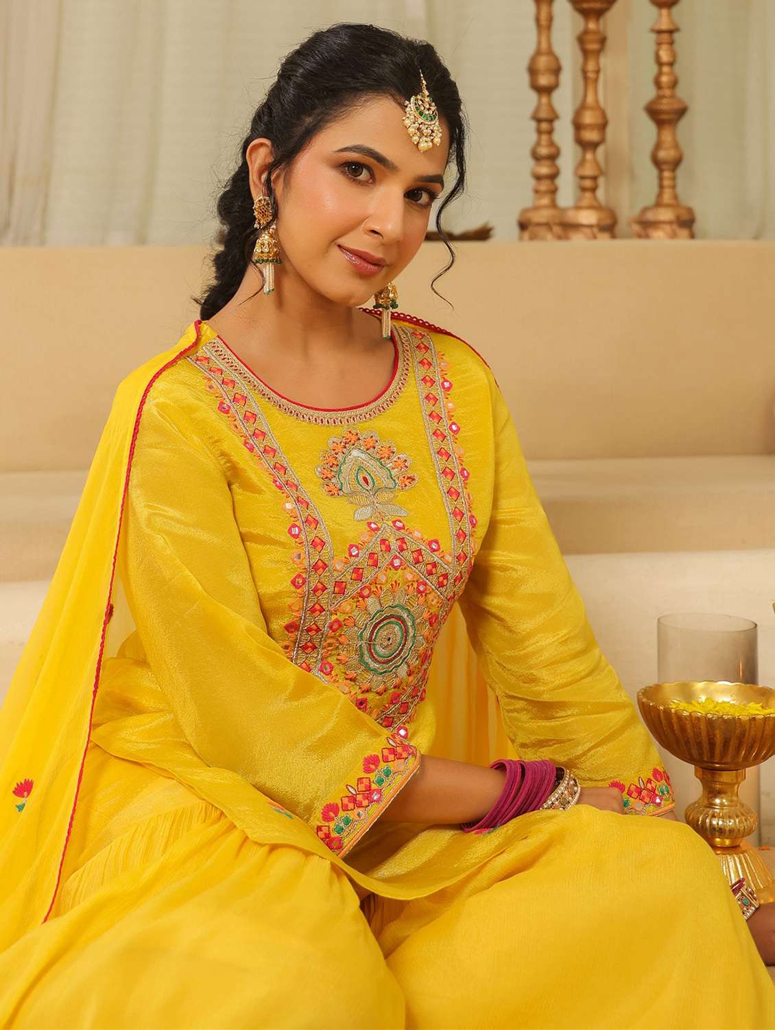 women solid with work three quarter sleeve kurta sharara with dupatta set - 22072107 -  Standard Image - 5