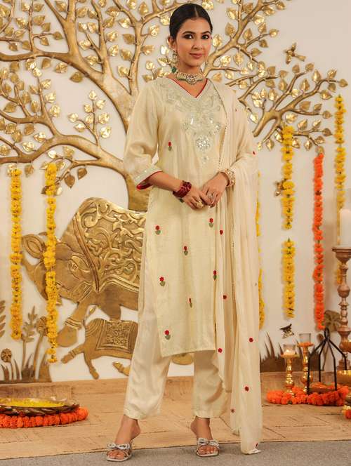 women solid with work three quarter sleeve kurta pant with dupatta set - 22072108 - Standard Image - 0