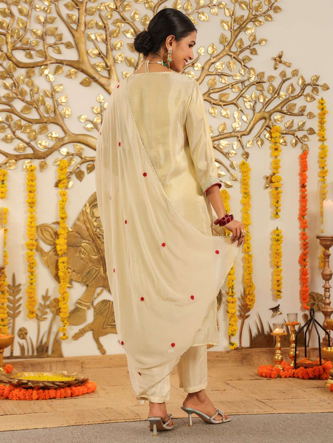 women solid with work three quarter sleeve kurta pant with dupatta set - 22072108 - Standard Image - 3