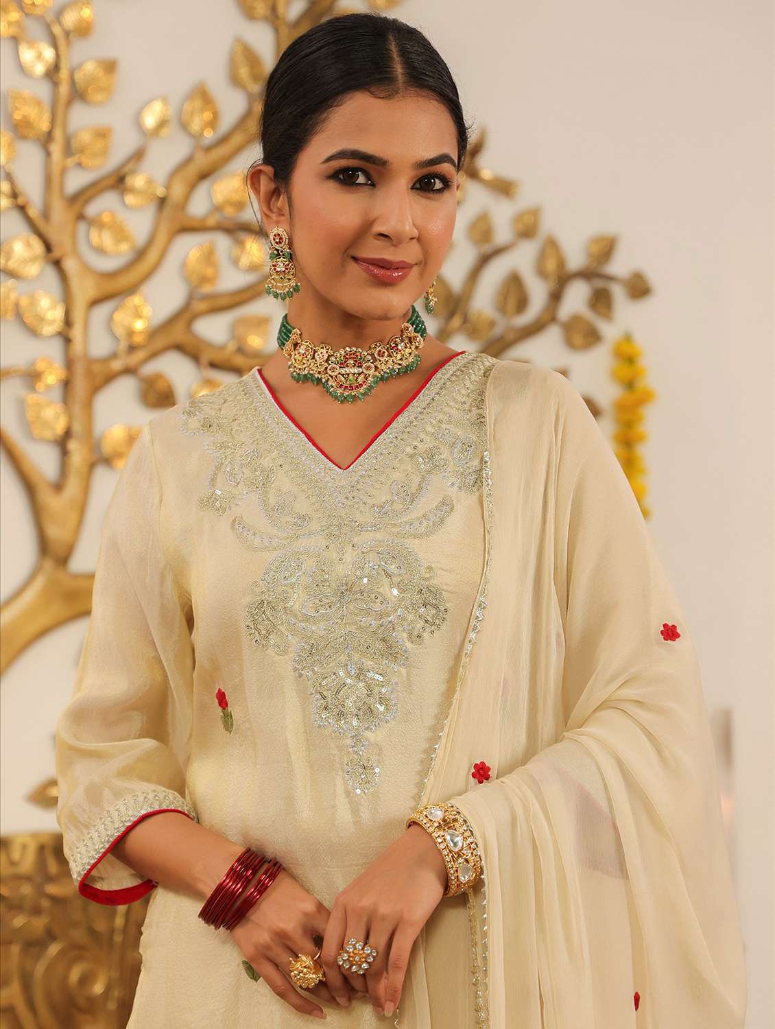 women solid with work three quarter sleeve kurta pant with dupatta set - 22072108 - Standard Image - 5