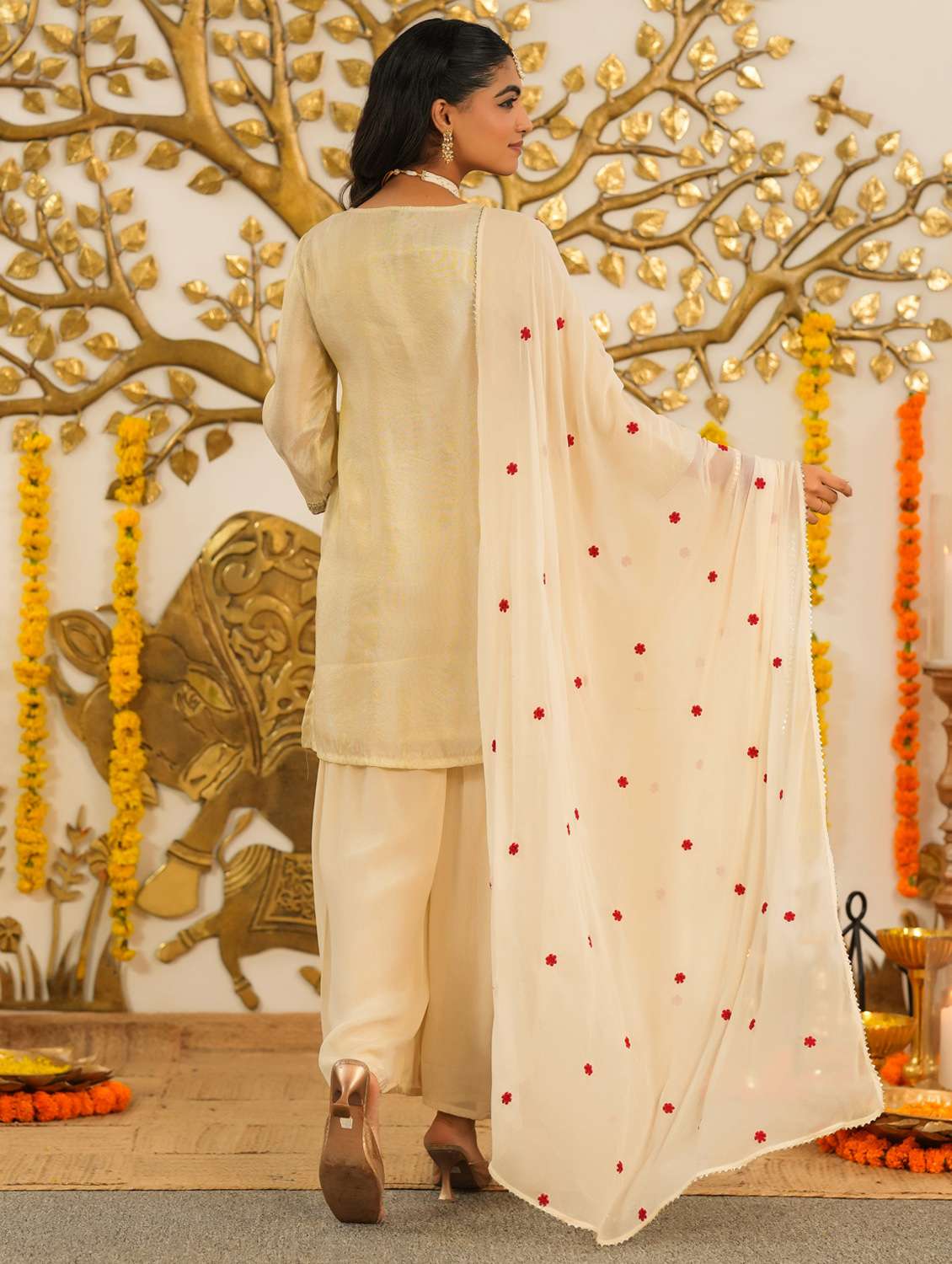 women solid with work three quarter sleeve kurta sharara with dupatta set - 22072109 - Standard Image - 3
