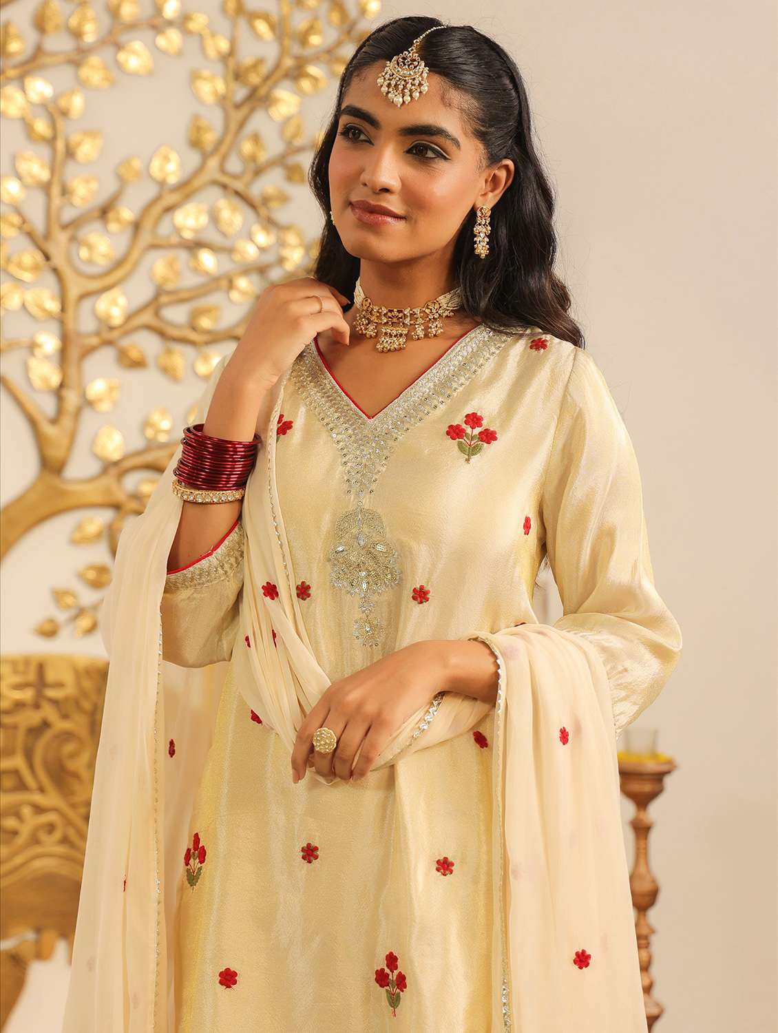 women solid with work three quarter sleeve kurta sharara with dupatta set - 22072109 - Standard Image - 5