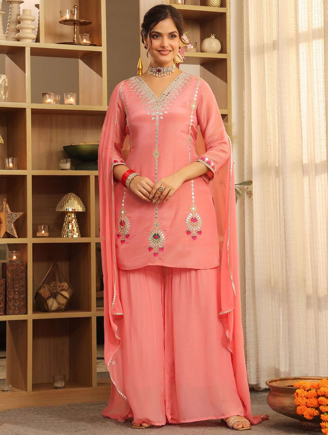 women solid with work three quarter sleeve kurta sharara with dupatta set - 22072110 -  Standard Image - 3