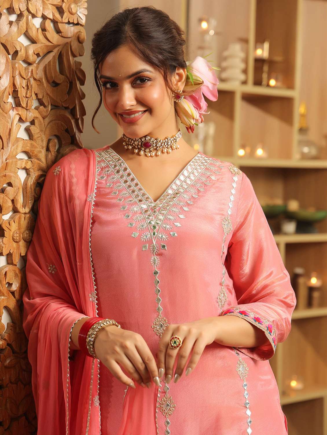 women solid with work three quarter sleeve kurta sharara with dupatta set - 22072110 -  Standard Image - 5