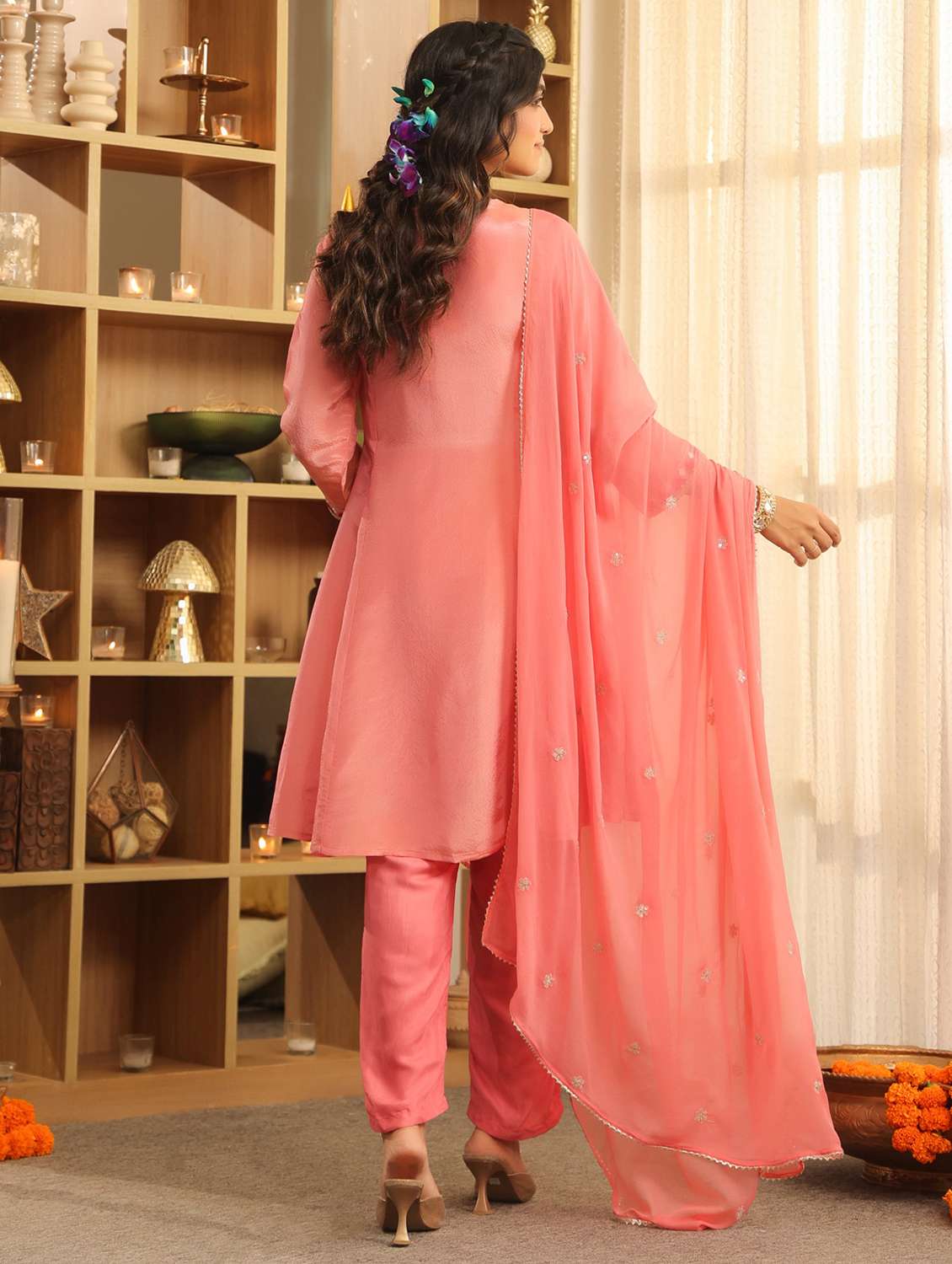 women solid with work three quarter sleeve kurta pant with dupatta set - 22072111 - Standard Image - 3