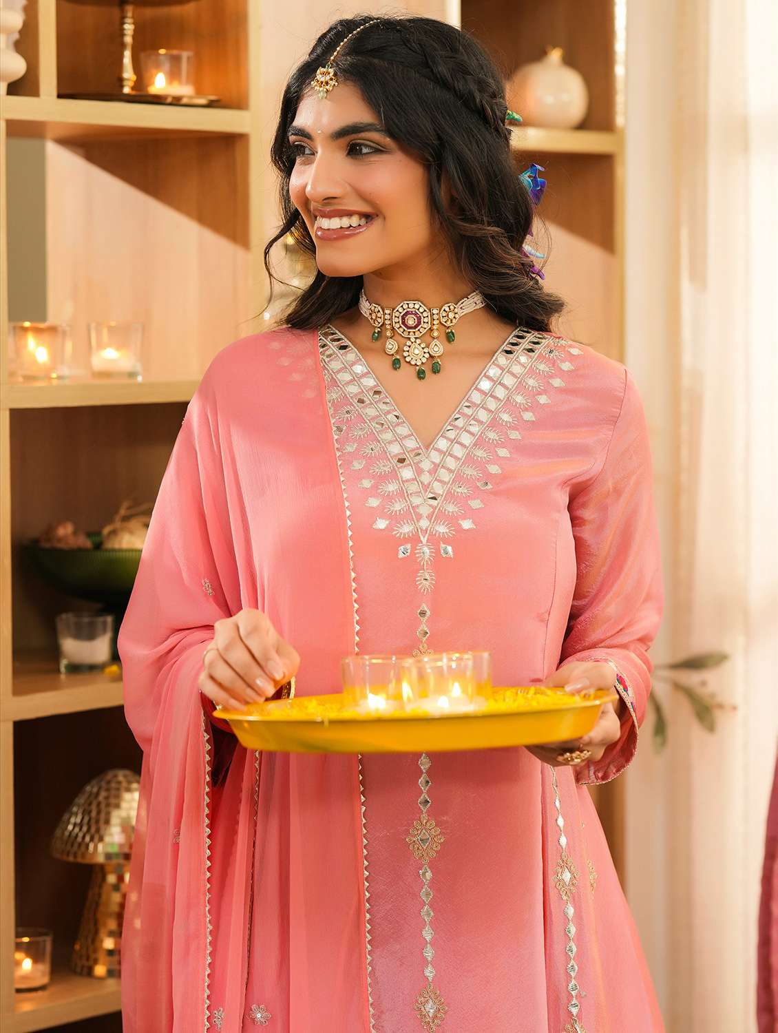 women solid with work three quarter sleeve kurta pant with dupatta set - 22072111 - Standard Image - 5