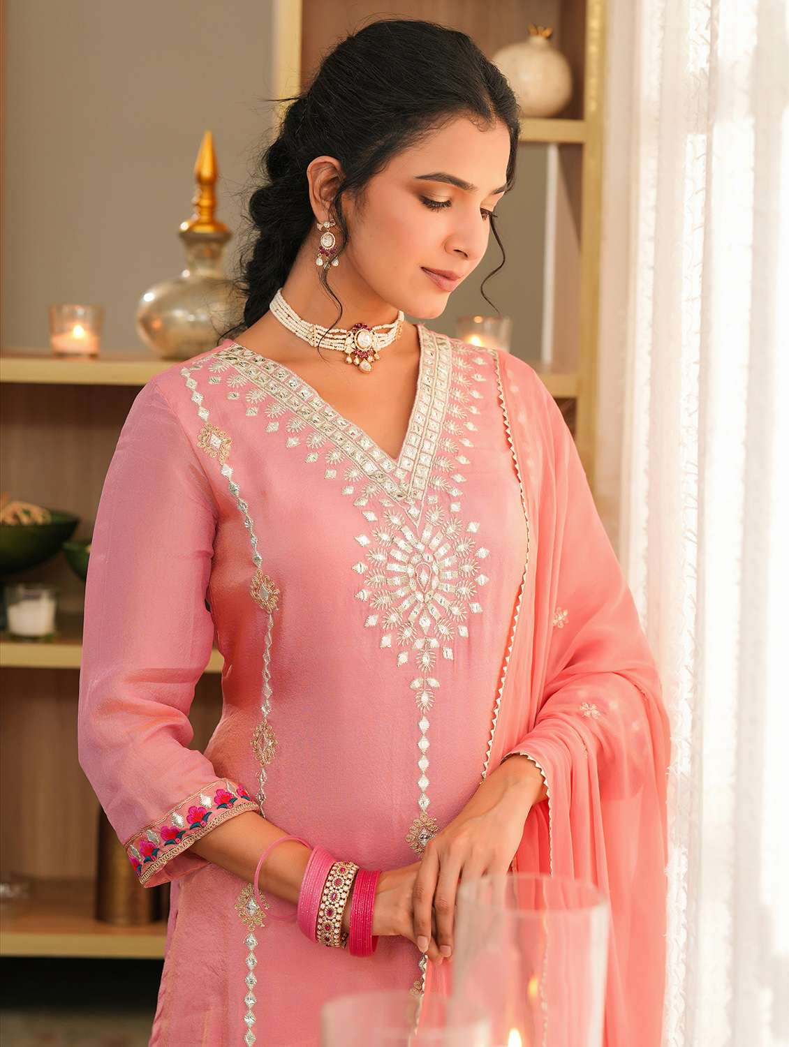 women solid with work three quarter sleeve kurta pant with dupatta set - 22072112 -  Standard Image - 5