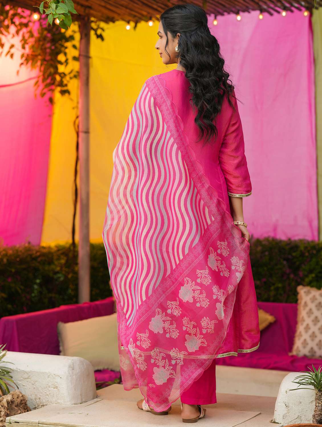 women solid with work three quarter sleeve kurta pant with dupatta set - 22072113 -  Standard Image - 3