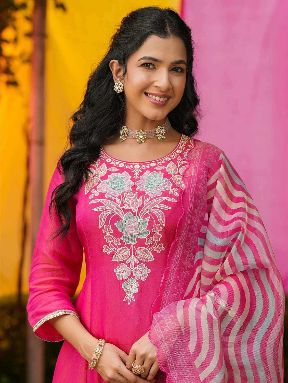 women solid with work three quarter sleeve kurta pant with dupatta set - 22072113 -  Standard Image - 5