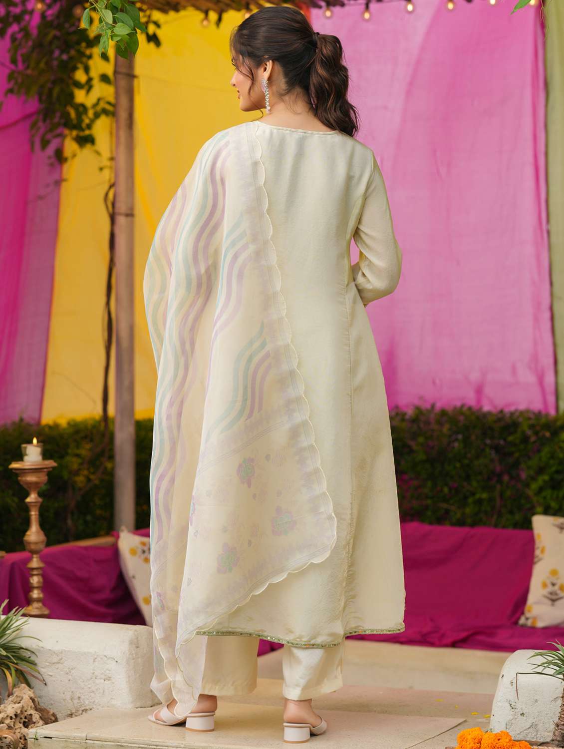 women solid with work three quarter sleeve kurta pant with dupatta set - 22072114 -  Standard Image - 3