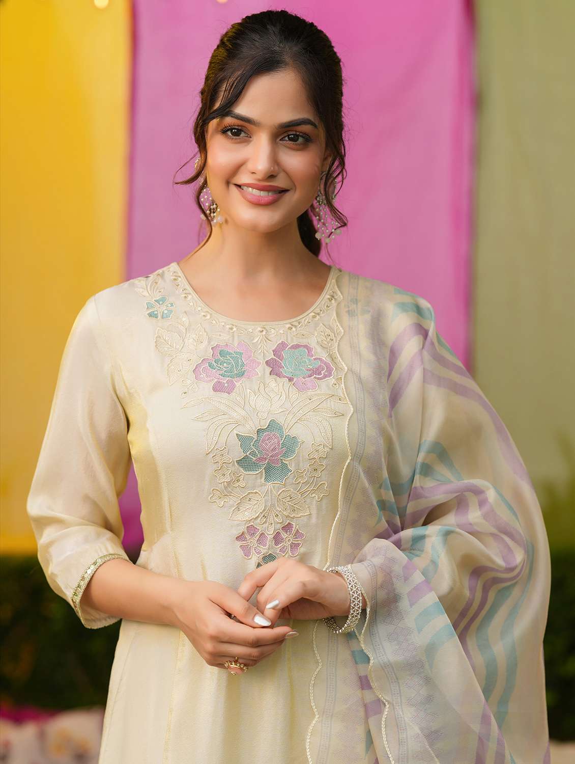 women solid with work three quarter sleeve kurta pant with dupatta set - 22072114 -  Standard Image - 5