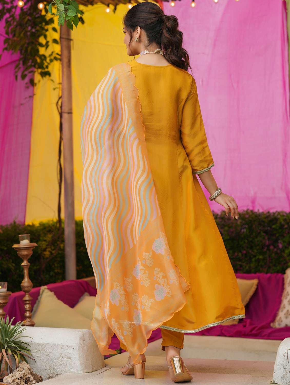 women solid with work three quarter sleeve kurta pant with dupatta set - 22072115 -  Standard Image - 3