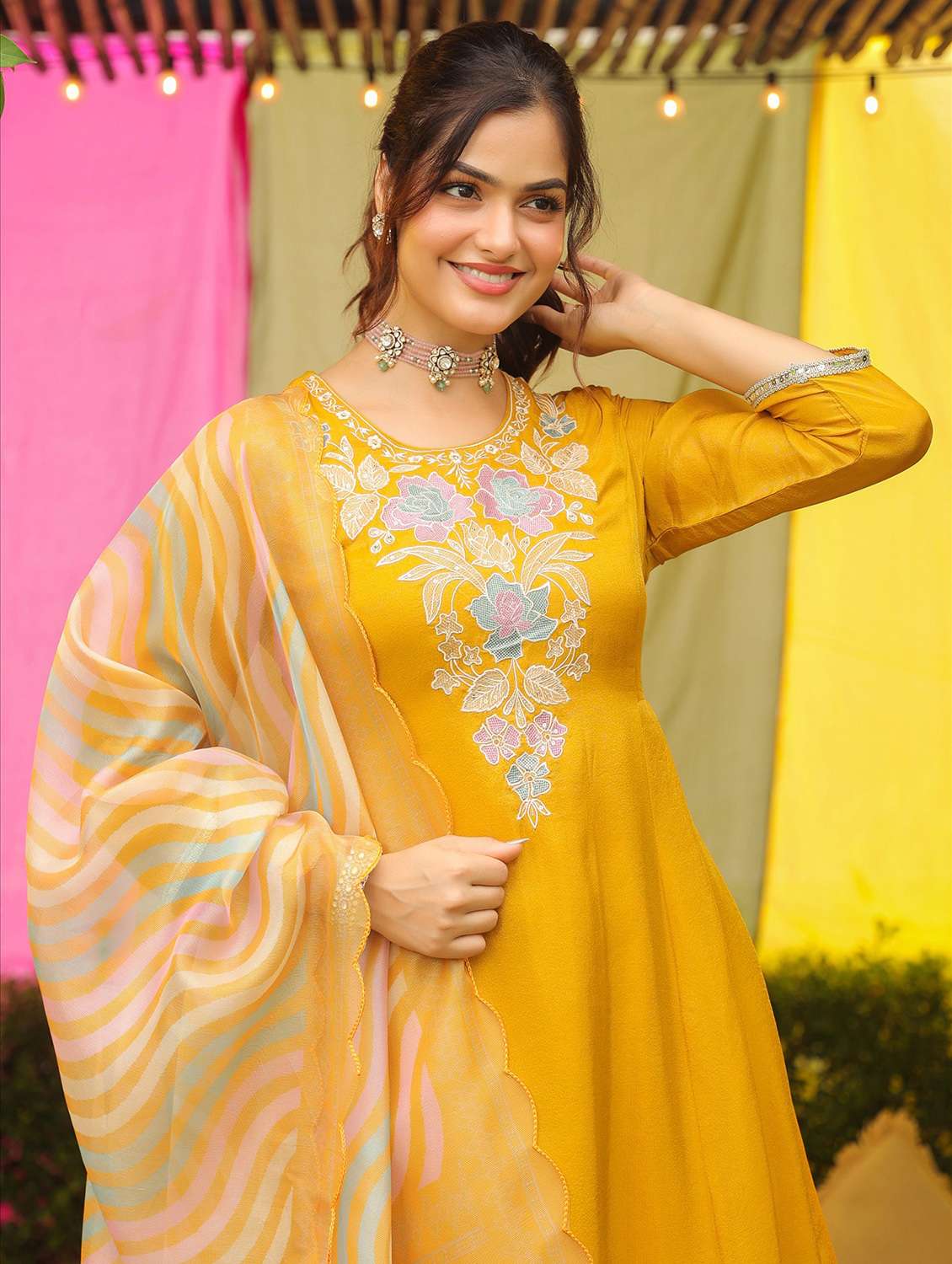 women solid with work three quarter sleeve kurta pant with dupatta set - 22072115 -  Standard Image - 5