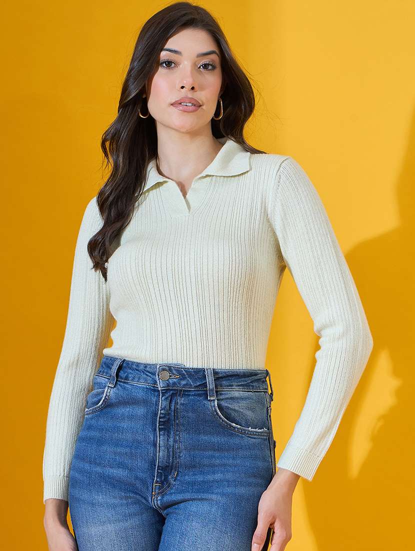 women solid long sleeve collared pullover