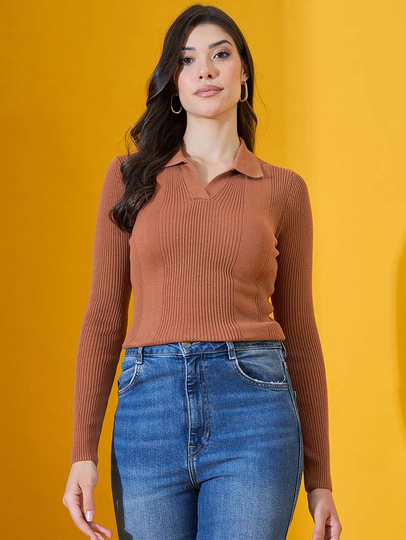 women solid long sleeve collared pullover