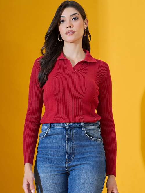 women solid long sleeve collared pullover - 22072215 -  Standard Image - 0