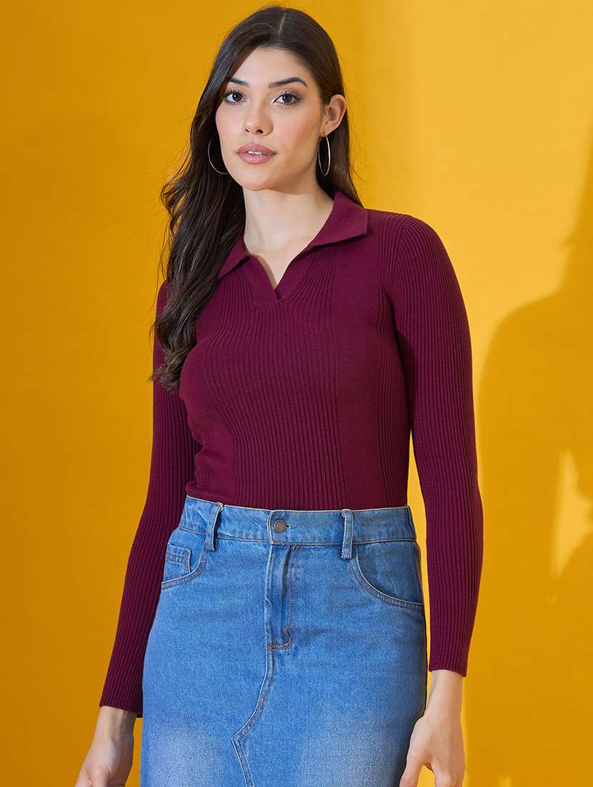 women solid long sleeve collared pullover - 22072216 -  Zoom Image - 0