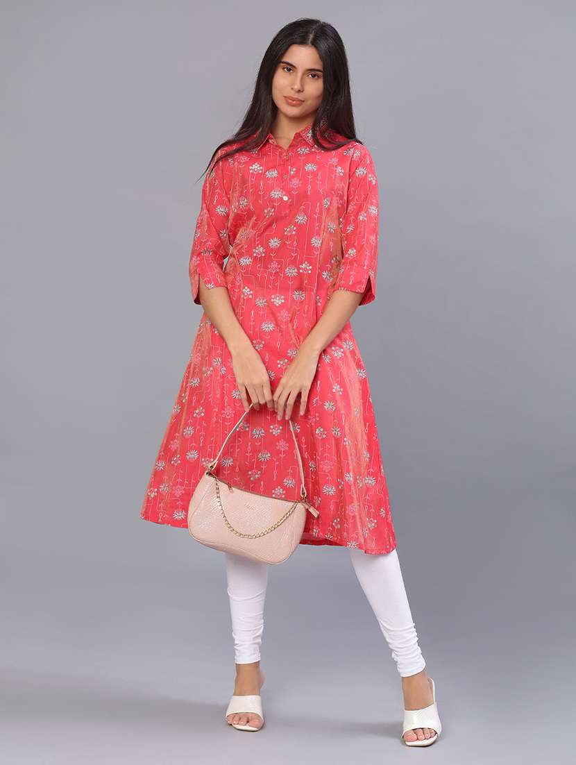 women printed three quarter sleeve a-line kurta