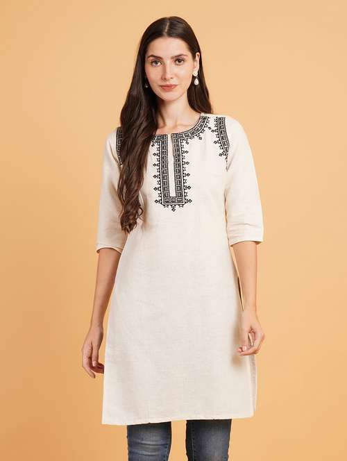 women embroidered three quarter sleeve straight kurti - 22072440 - Standard Image - 0