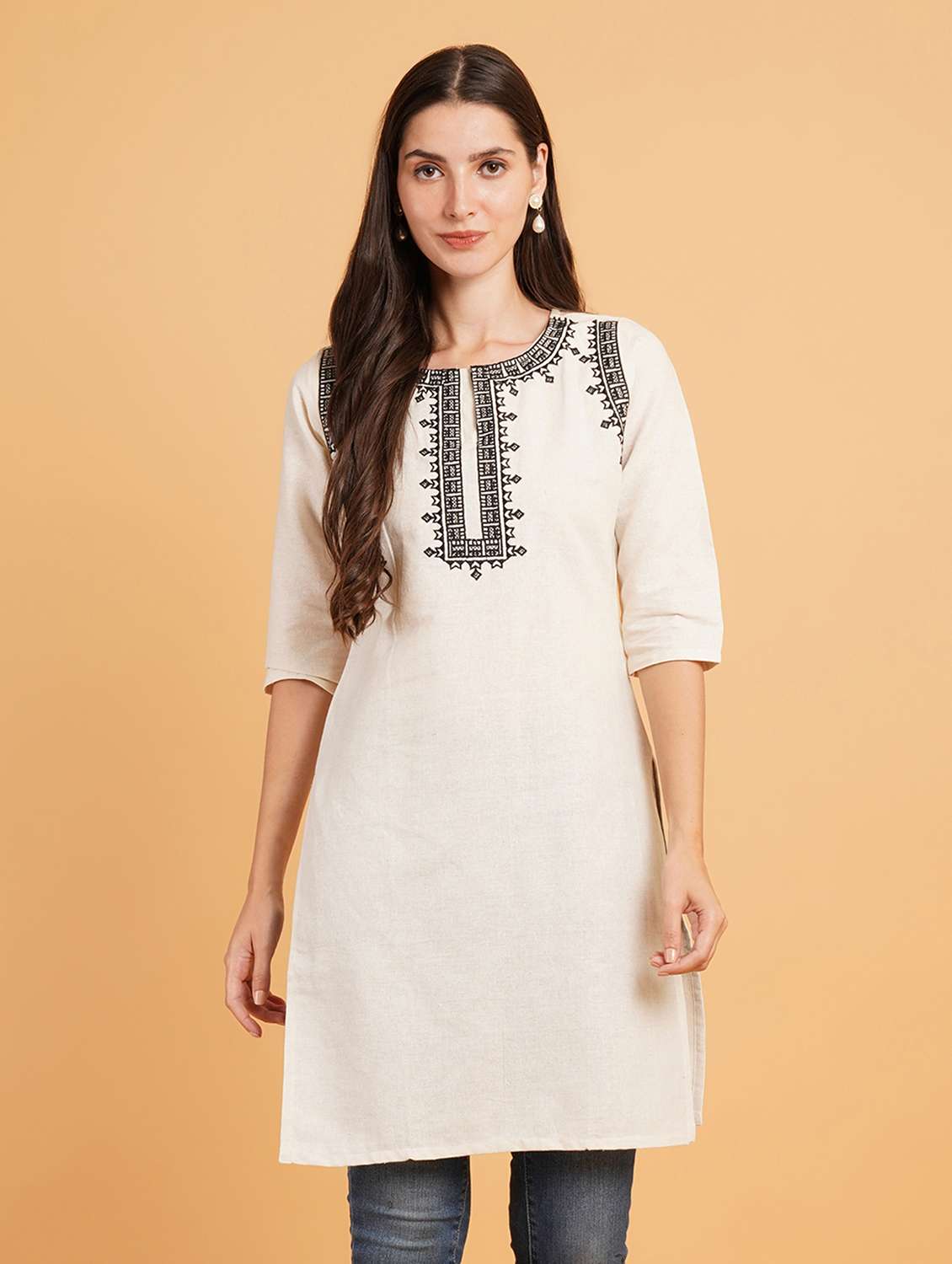 women embroidered three quarter sleeve straight kurti - 22072440 - Zoom Image - 0