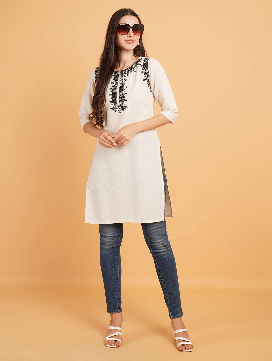 women embroidered three quarter sleeve straight kurti - 22072440 - Standard Image - 3