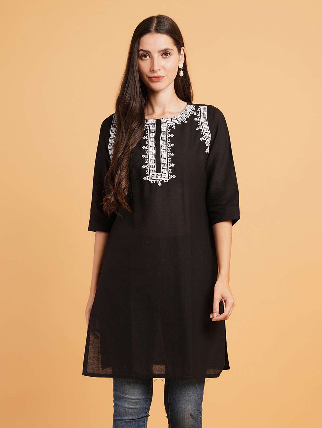 women embroidered three quarter sleeve straight kurti