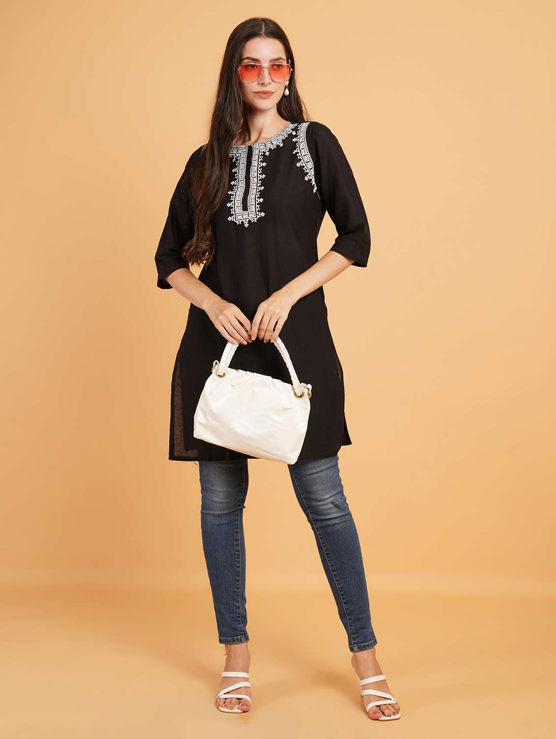 women embroidered three quarter sleeve straight kurti - 22072441 -  Standard Image - 3