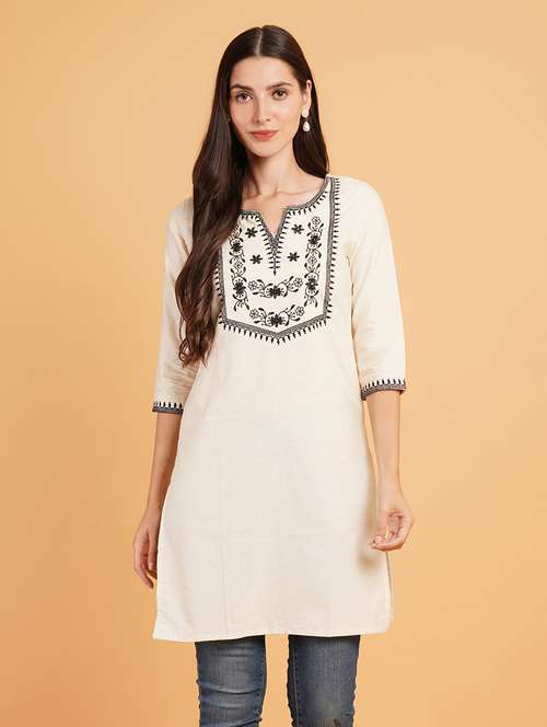 women embroidered three quarter sleeve straight kurti - 22072443 - Standard Image - 0
