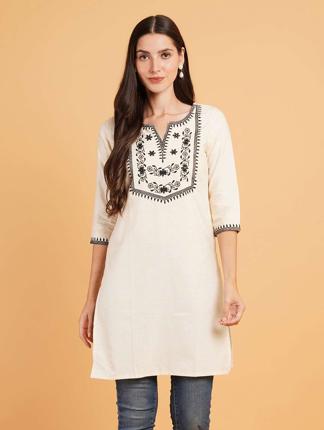 women embroidered three quarter sleeve straight kurti - 22072443 - Zoom Image - 0