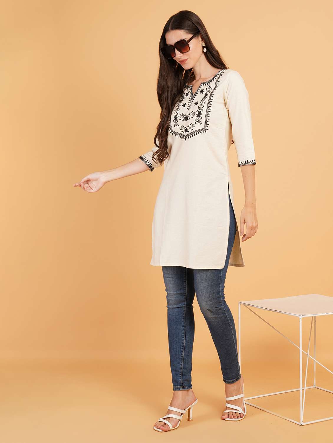 women embroidered three quarter sleeve straight kurti - 22072443 - Standard Image - 3