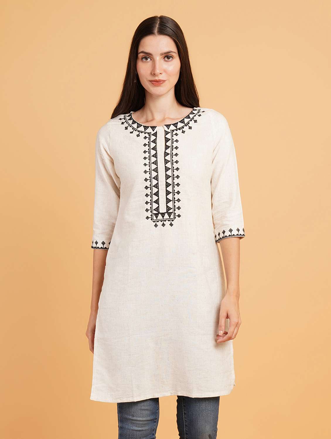 women embroidered three quarter sleeve straight kurti - 22072445 -  Zoom Image - 0