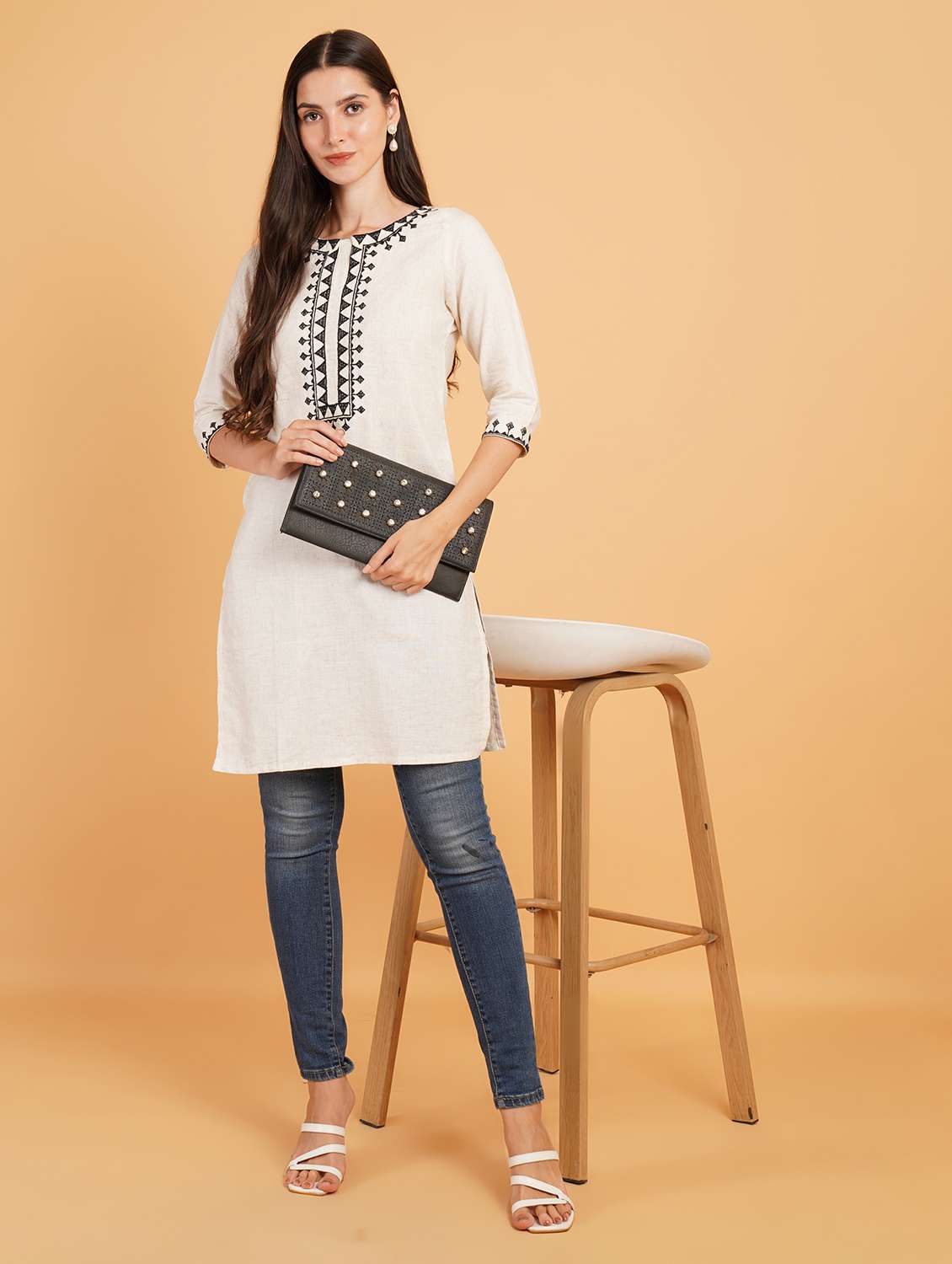 women embroidered three quarter sleeve straight kurti - 22072445 - Standard Image - 3