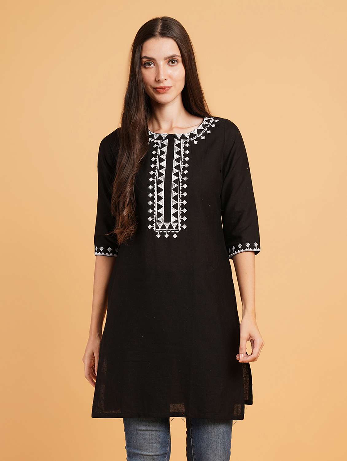 women embroidered three quarter sleeve straight kurti