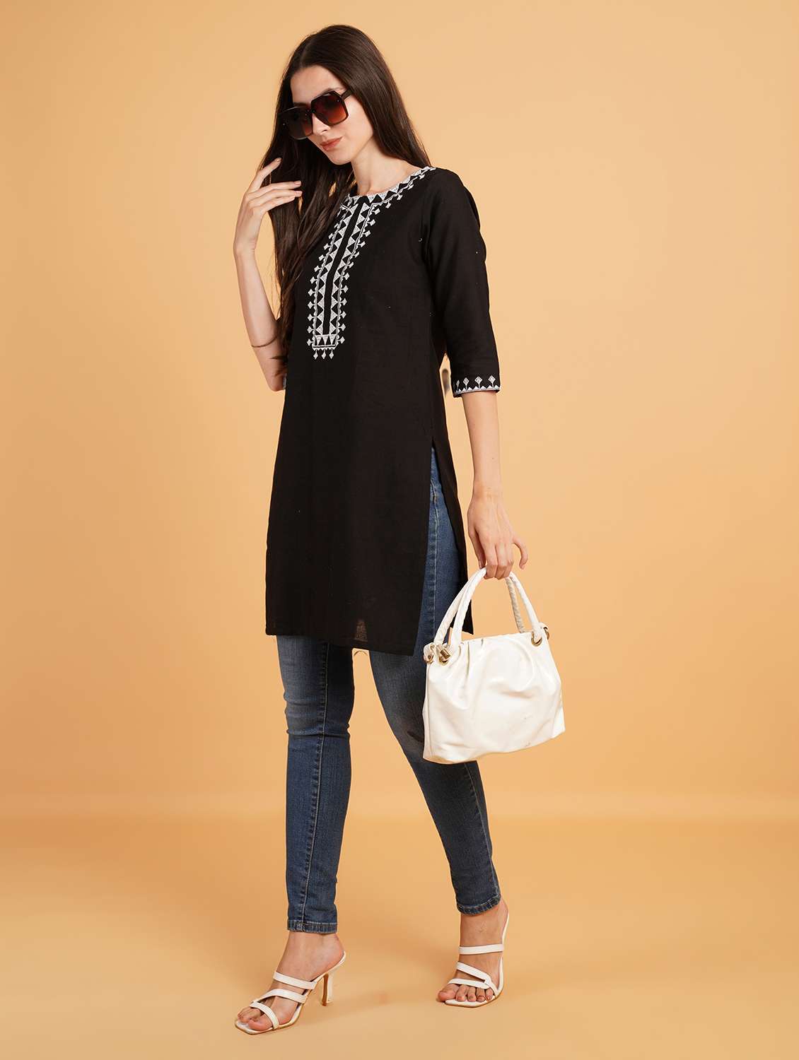 women embroidered three quarter sleeve straight kurti - 22072446 -  Standard Image - 3