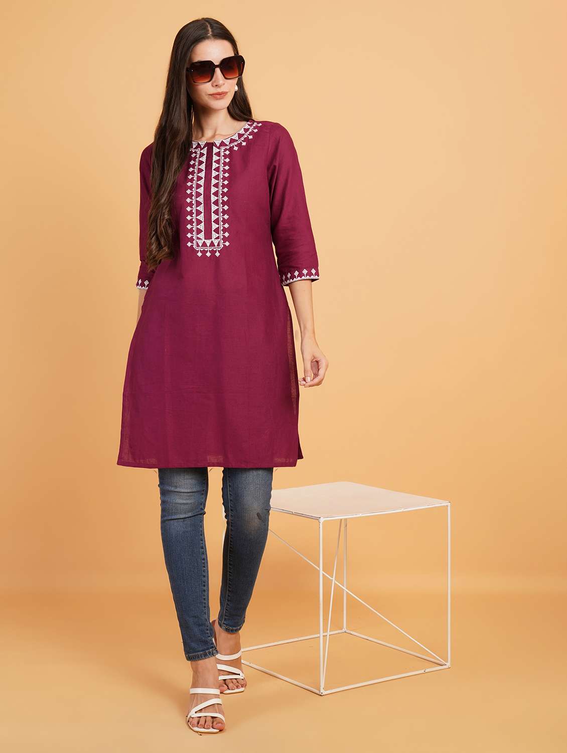 women embroidered three quarter sleeve straight kurti - 22072448 - Standard Image - 3