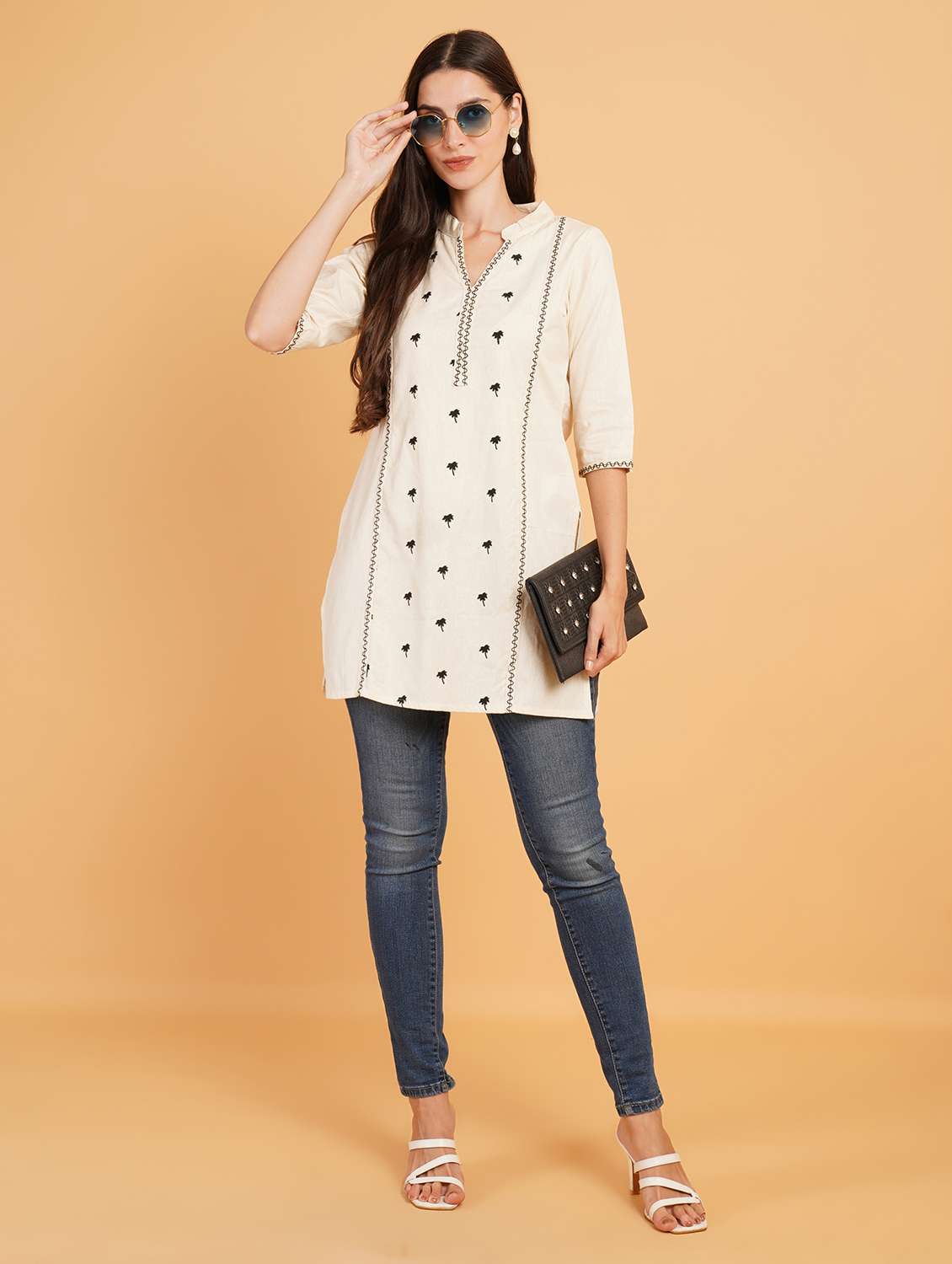 women embroidered three quarter sleeve straight kurti - 22072449 - Standard Image - 3