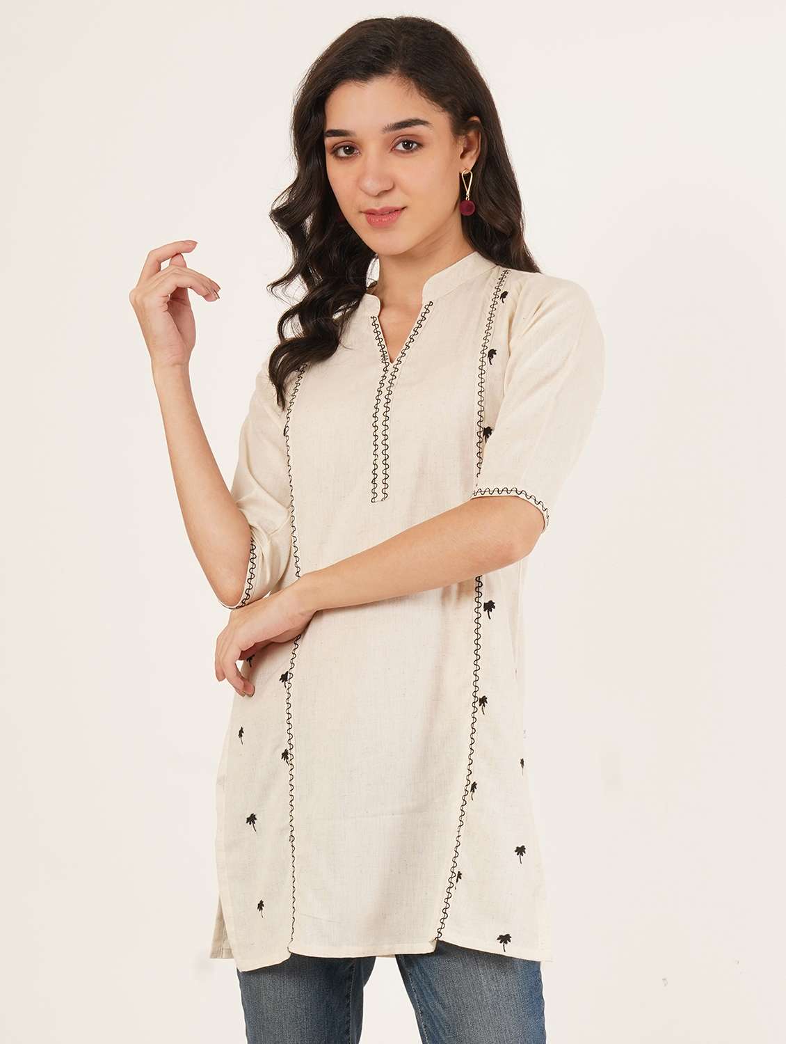 women embroidered three quarter sleeve straight kurti