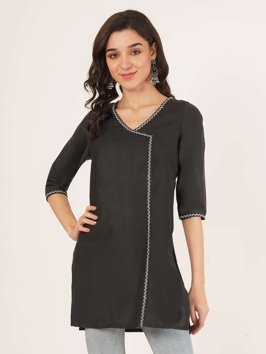 women embroidered three quarter sleeve angrakha kurti