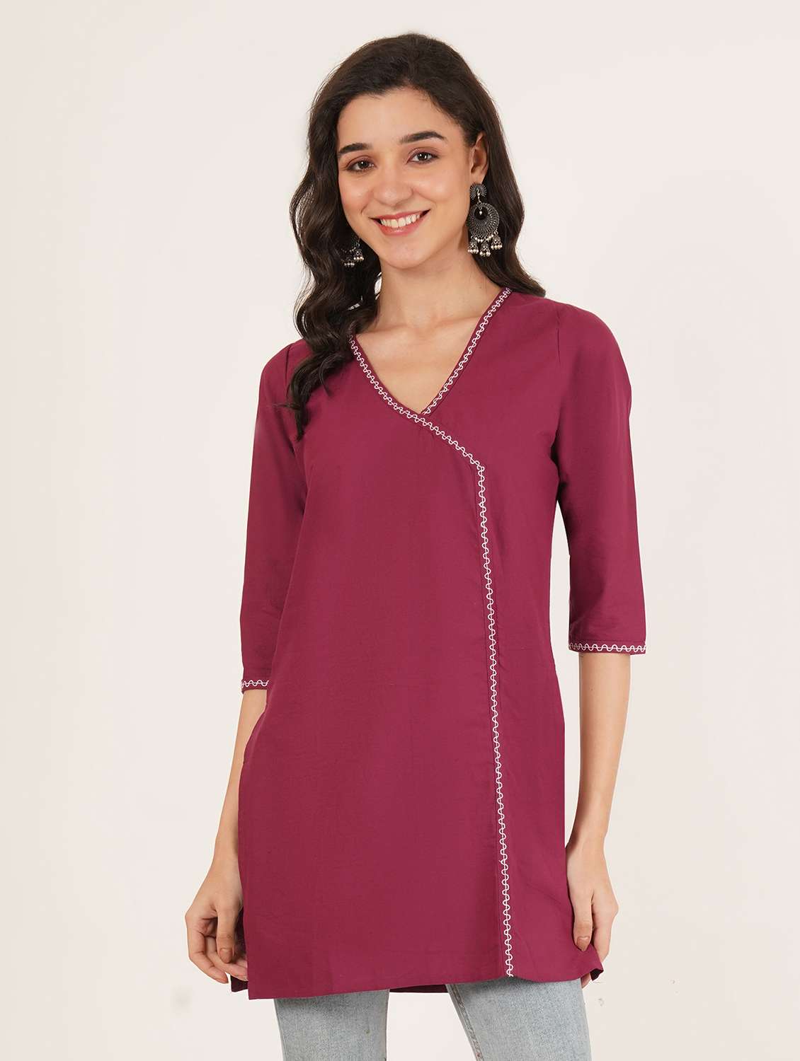 women embroidered three quarter sleeve angrakha kurti - 22072456 -  Zoom Image - 0
