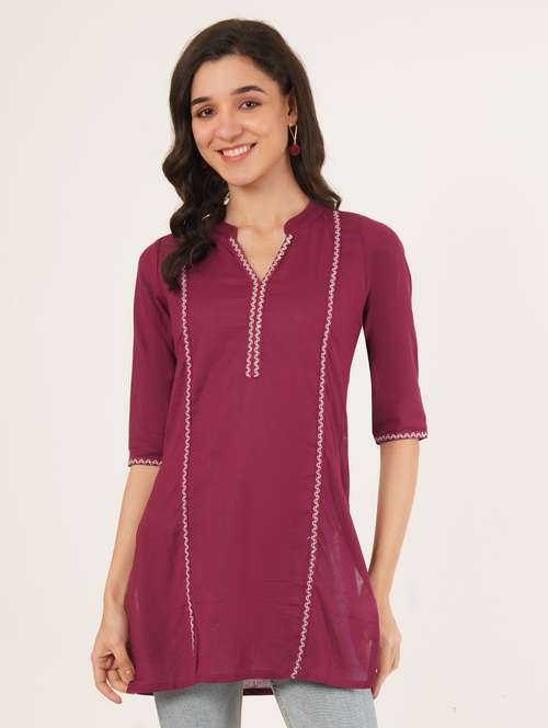 women embroidered three quarter sleeve straight kurti - 22072459 -  Standard Image - 0