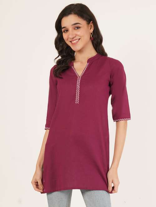 women embroidered three quarter sleeve straight kurti - 22072462 - Standard Image - 0