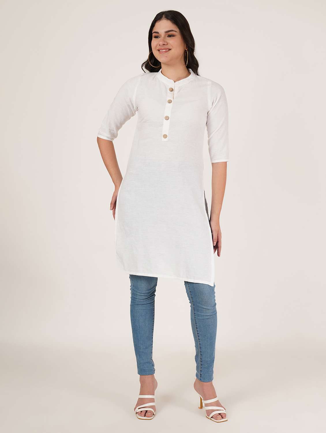 women solid three quarter sleeve straight kurti