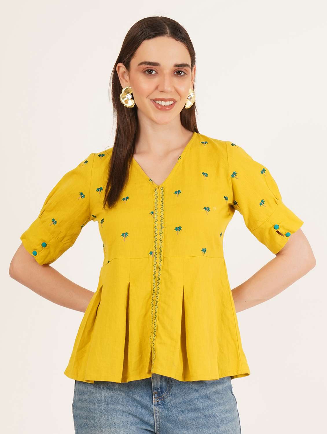 women embroidered puff sleeve a-line ethnic top