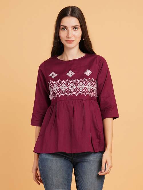 women embroidered round neck a-line peplum top - 22072472 -  Standard Image - 0